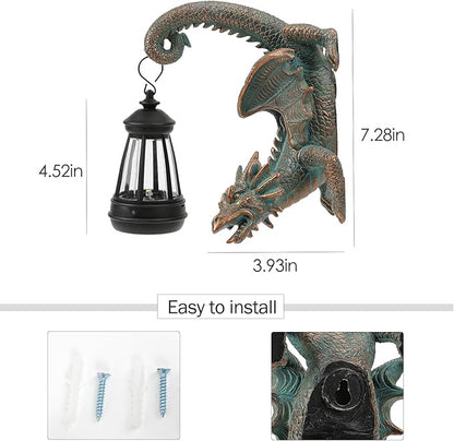 Dragon tree hugger statue with black lantern and solar panel, shown with size markers