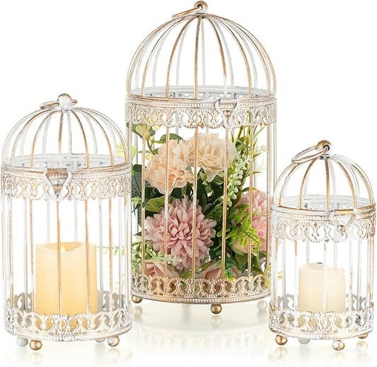 Distressed white metal birdcage candle lantern with floral candle insert, dome top