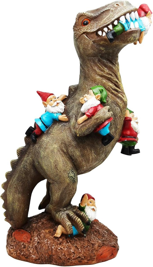 Resin T-rex garden statue with gnome figures on back, brown dinosaur with red caps