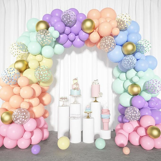 Pastel balloon arch garland with gold confetti, polka-dot, and solid balloons in rainbow hues