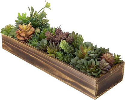 Rustic brown wooden planter with faux succulents in a long rectangular tray, mixed green and purple