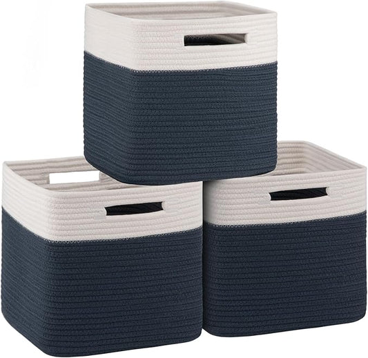 Navy and Cream Woven Cotton Rope Cube Storage Baskets Set of 3 - Bold Two-Tone Organizer Bins for Shelves, Offices, and Boys Rooms