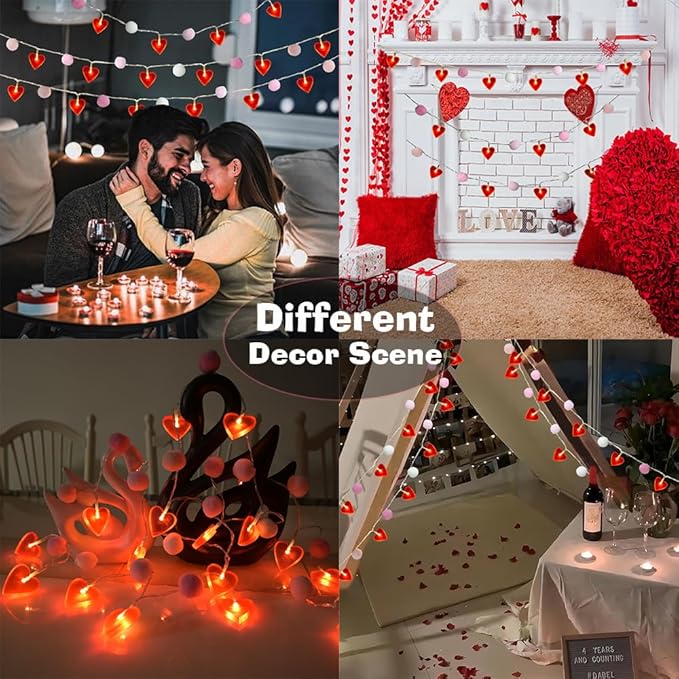 Valentine heart string lights with red LED hearts and pink pom poms for decoration