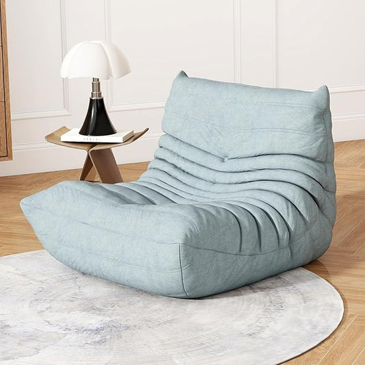 Mist Blue Ripple Single Floor Lounge Chair - Togo-Style Serene Solo Foam Seat for Calm Interiors, Nursery, and Reading Corner