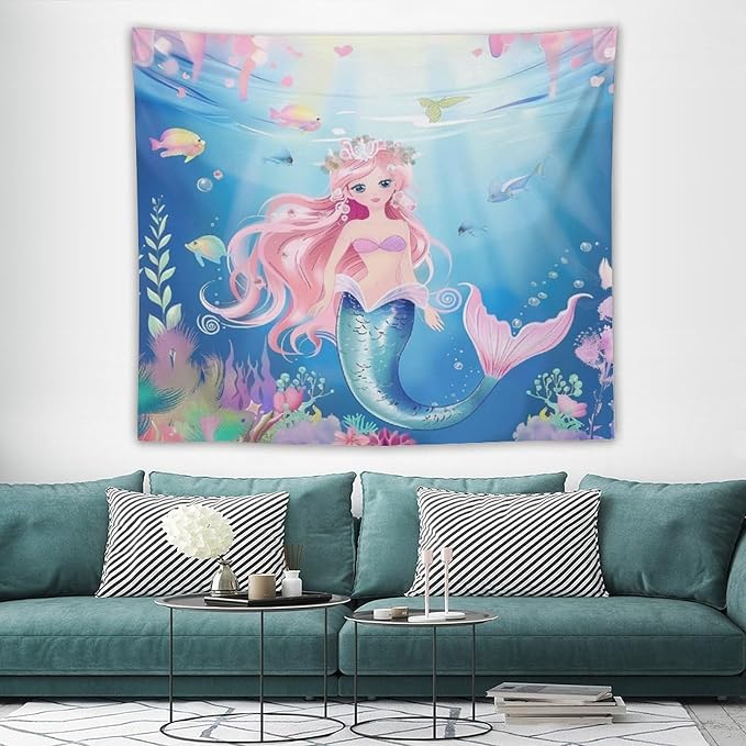 Mermaid Princess Wall Tapestry – 60" x 50" Watercolour | Mid-Size Girls Bedroom Decor | Wall Hanging | Dorm Living Room Kids Room