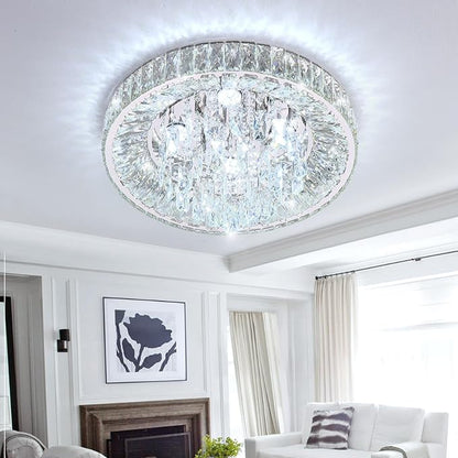 Oval flush mount crystal ceiling chandelier with clear crystal prisms and center cluster