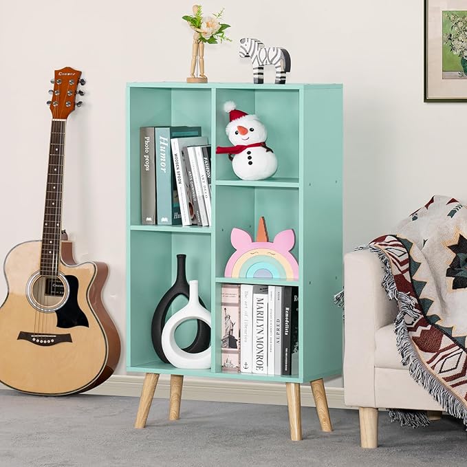 Mint Green 5-Cube Asymmetric Bookshelf with Wood Legs - Mid-Century Kids Bookcase for Nursery, Playroom, and Every Child's Room That Deserves a Bookshelf This Beautiful