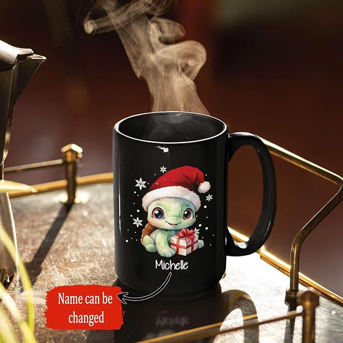 Black ceramic mug with turtle in red Santa hat and gift, name Michelle on front