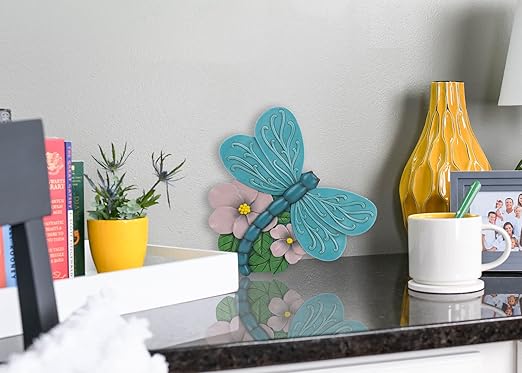 Teal blue dragonfly stepping stone wall decor with embossed wings and pink flowers