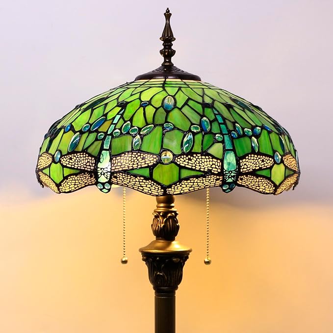 Green stained glass floor lamp shade with bronze base and hanging pull chains