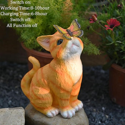 Yellow Cat Solar Garden Statue with LED Light - Waterproof Resin Outdoor Decor