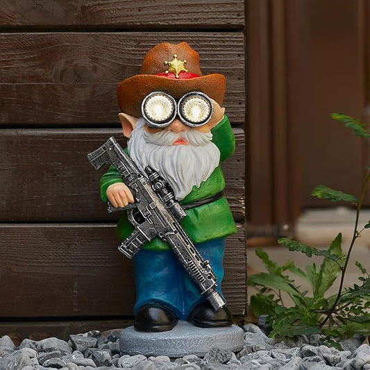 Outdoor resin garden gnome statue in green and blue holding a telescope, round base
