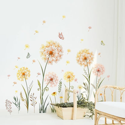 Dandelion flower and butterfly wall decal set with gold, yellow, and pink blossoms on stems