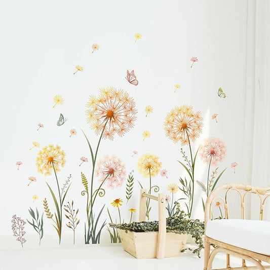 Dandelion flower and butterfly wall decal set with gold, yellow, and pink blossoms on stems