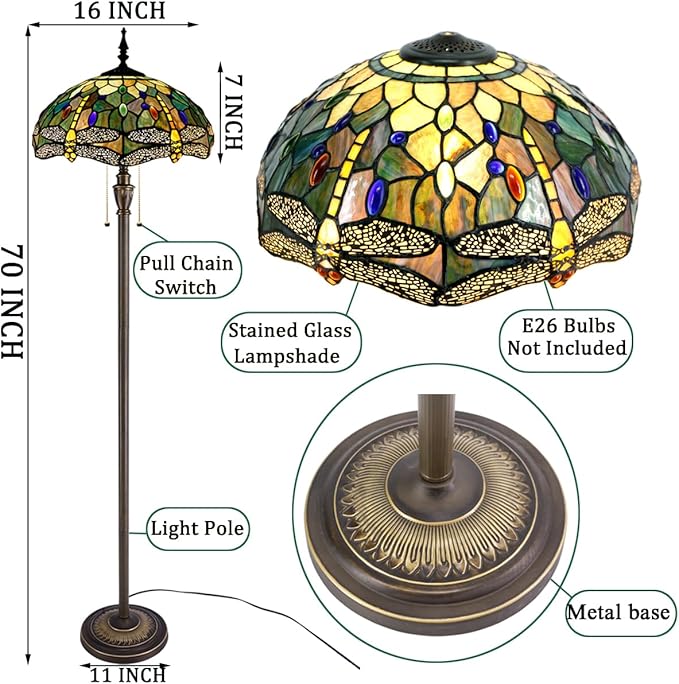 Stained glass floor lamp size diagram with pull-chain switch and E26 bulb socket note
