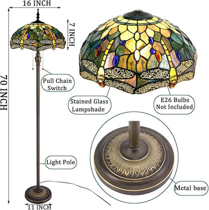Stained glass floor lamp size diagram with pull-chain switch and E26 bulb socket note