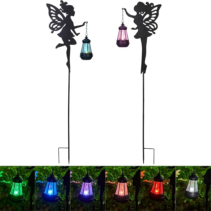 Pair of black metal fairy yard stake solar lanterns with hanging lamp accents