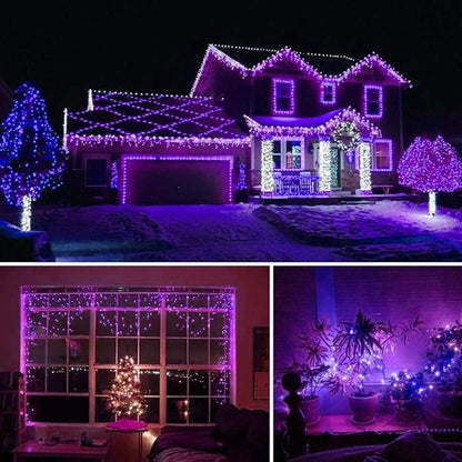 Purple LED string lights decorating a house window and roofline
