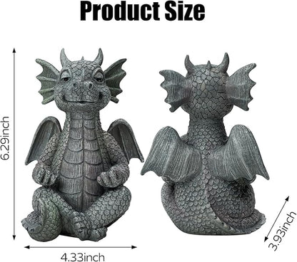 Garden dragon meditation statue figurine, gray stone-look, size shown with measurements
