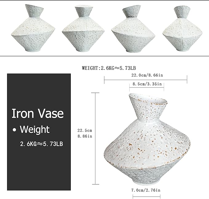 White hammered cast iron vase, angled neck; multiple views showing speckled shape