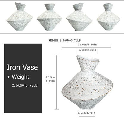 White hammered cast iron vase, angled neck; multiple views showing speckled shape