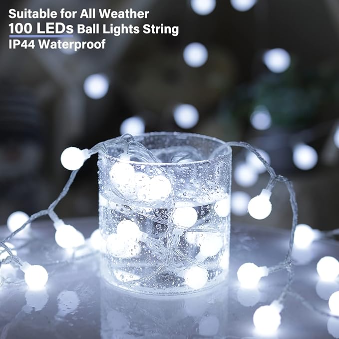 Pure White Globe String Lights – 66ft 200 LED | IP44 Waterproof | Remote Dimmer Timer 8 Modes | Indoor Outdoor Party Wedding Garden Christmas