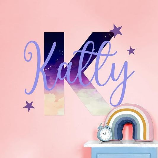 Starry night-sky initial name wall decal with pastel clouds and purple accents