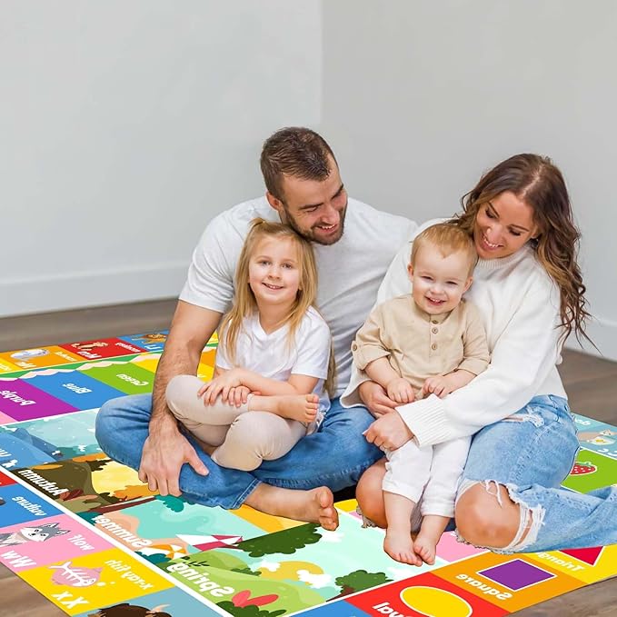 Kids educational play mat with alphabet tiles and animal-themed number grid
