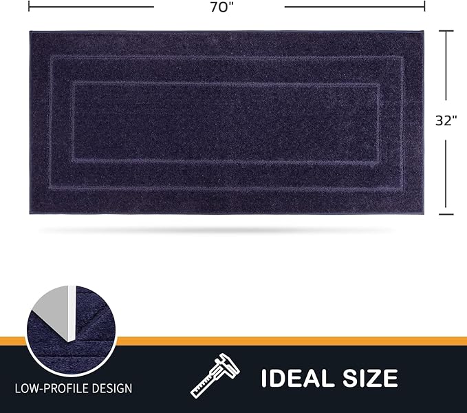 Navy blue entryway runner, 70 x 32 inches, rectangular low-profile design