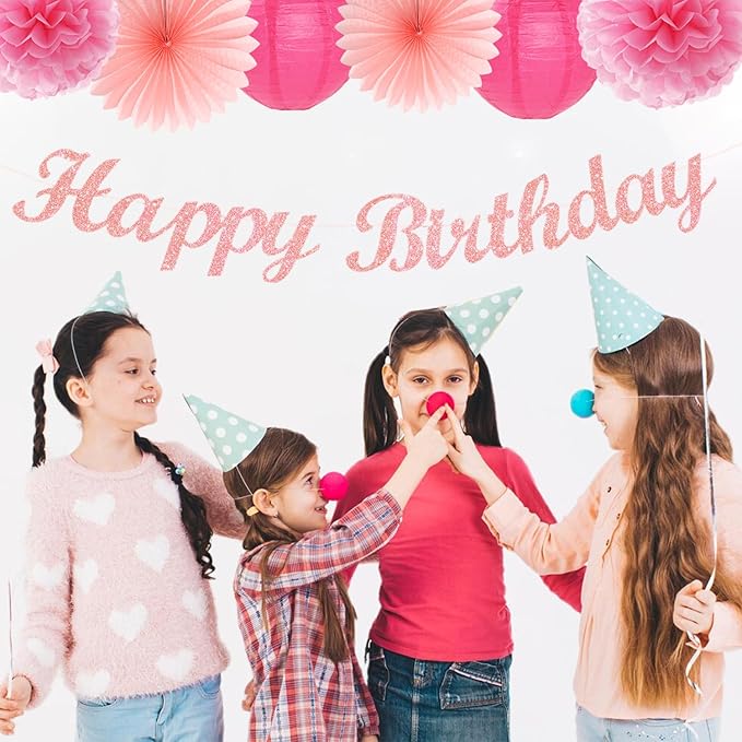 Hot Pink Birthday Party Decoration Kit – 14pcs | Paper Flowers Fans Lanterns Garland Streamers | Girls Women Sweet 16 18th 21st Princess Party