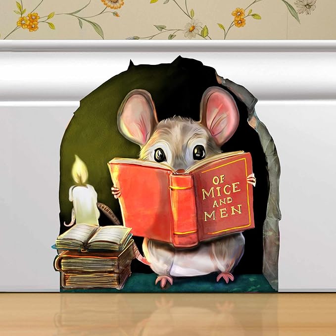 Mouse reading wall sticker: beige mouse holding red book, arched green background