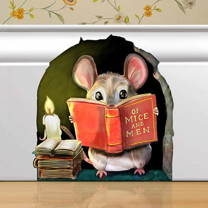 Mouse reading wall sticker: beige mouse holding red book, arched green background