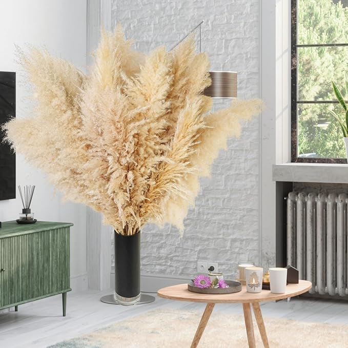 Large tan dried pampas grass plumes in a black floor vase.