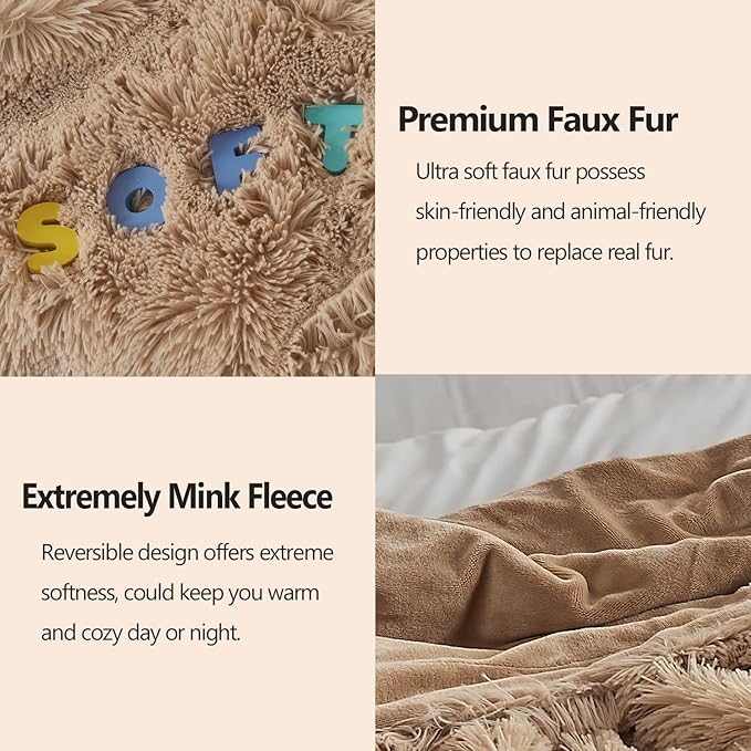 Brown Shaggy Faux Fur Queen Blanket – 90"x90" | 1.5" Deep Plush Pile | Warm Earthy Couch Throw for Queen Beds, Sofas & Hygge Living