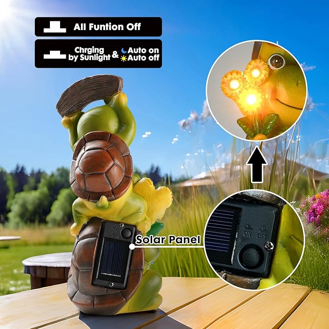 Solar Turtle Garden Statue with Frog Face and 3 LED Lights - Resin Waterproof Outdoor Decor
