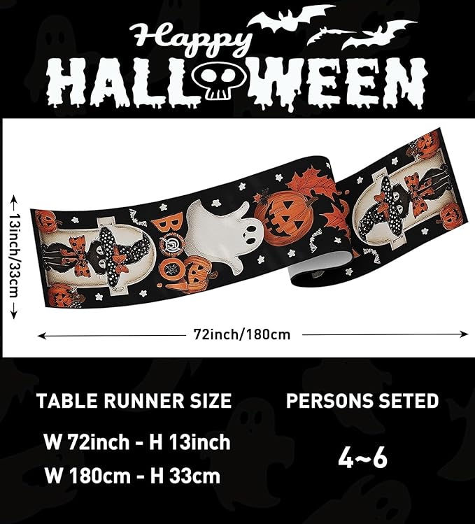 Black Halloween table runner with ghost and jack-o-lantern pumpkins, shown with 72 in length