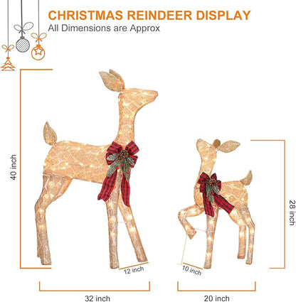 Lighted reindeer display set: tall and small golden glitter deer with red plaid bows