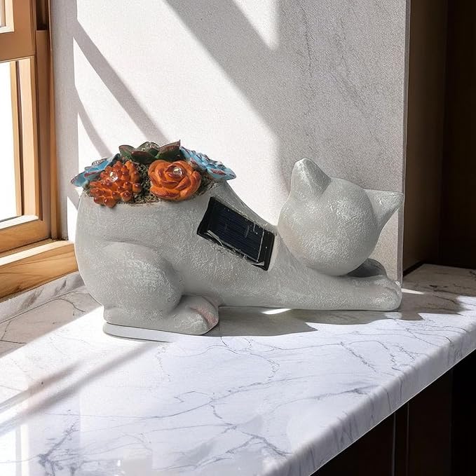 Cat Solar Garden Statue with Succulent and LED Lights - Waterproof Resin Decor