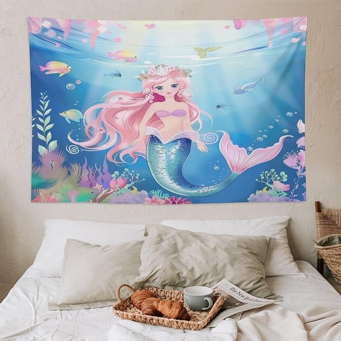 Mermaid Princess Wall Tapestry – 90" x 60" XL Watercolour | Largest Girls Bedroom Decor | Wall Hanging | Dorm Living Room Kids Room