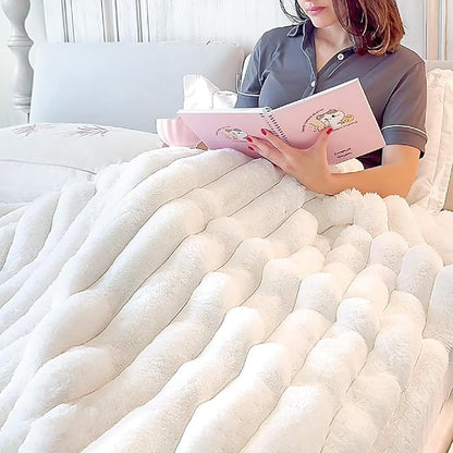 Cream Faux Rabbit Fur Throw Blanket – 60"x80" | 770GSM Double-Sided Luxury Fluffy Blanket | 3D Striped Plush Throw for Two