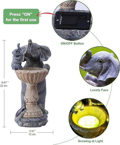 Solar Elephant Bird Bath Garden Statue - 8.67-Inch Polyresin Outdoor Decor