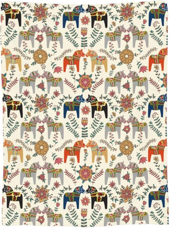 Swedish Dala Horses Fleece Throw Blanket – 80"x60" | Scandinavian Folk Art Design | Soft Blanket for Adults, Couples & Nordic Home Decor