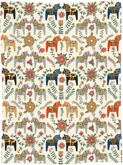 Swedish Dala Horses Fleece Throw Blanket – 80"x60" | Scandinavian Folk Art Design | Soft Blanket for Adults, Couples & Nordic Home Decor