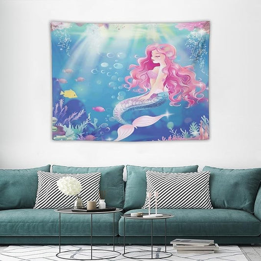 Mermaid Princess Pink Hair Wall Tapestry – 40" x 30" Watercolour | Small Girls Bedroom Decor | Wall Hanging | Nursery Dorm Kids Room