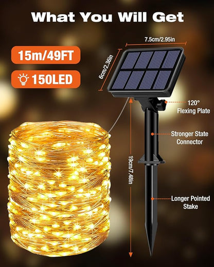 Solar Fairy Lights – 49ft 150 LED Warm White | Copper Wire IP65 | 8 Modes Memory | Garden Tree Fence Yard Christmas Wedding Party Indoor Outdoor