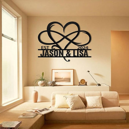 Infinity heart metal wall sign showing EST Jason & Lisa and 2024
