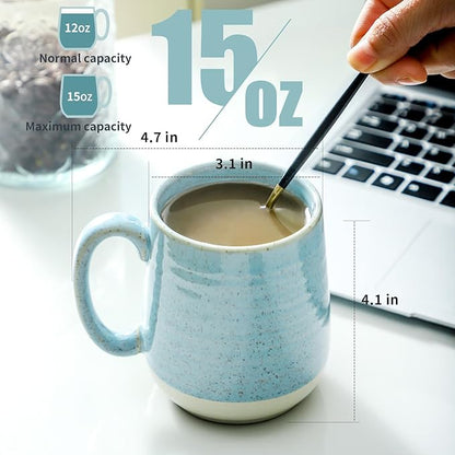 Light Blue Ceramic Coffee Mugs – Set of 4 | 15oz Tranquil Blue Colour Patchwork | Dishwasher & Microwave Safe | Coffee Gift Set