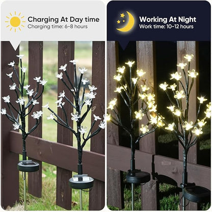 Solar flower lights on black stakes with white flower heads, day and night view