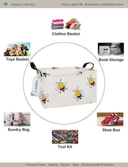 Smiling Bumblebee Canvas Storage Hamper Basket - Foldable Waterproof Bee Print Bin for Nursery, Kids Room, and Bee-Themed Gift Hampers
