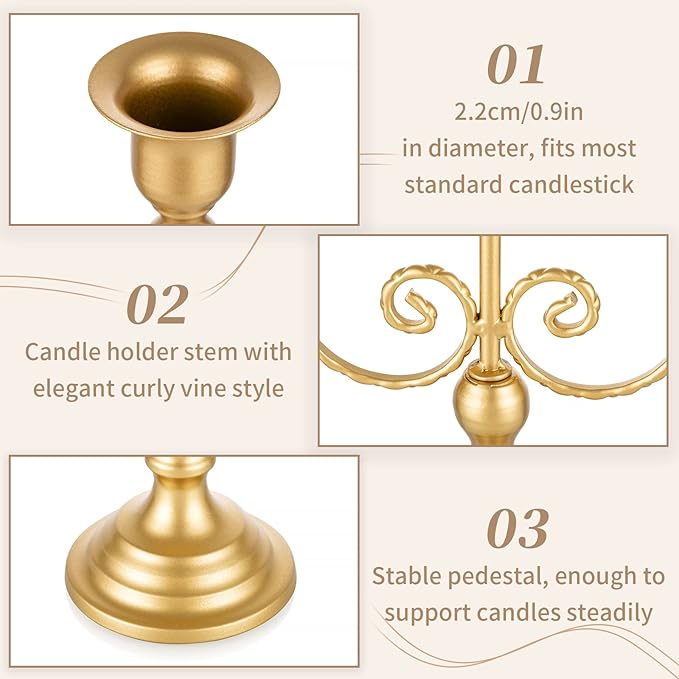 Gold candle holder close-up showing wide cup and curled vine-style stem details